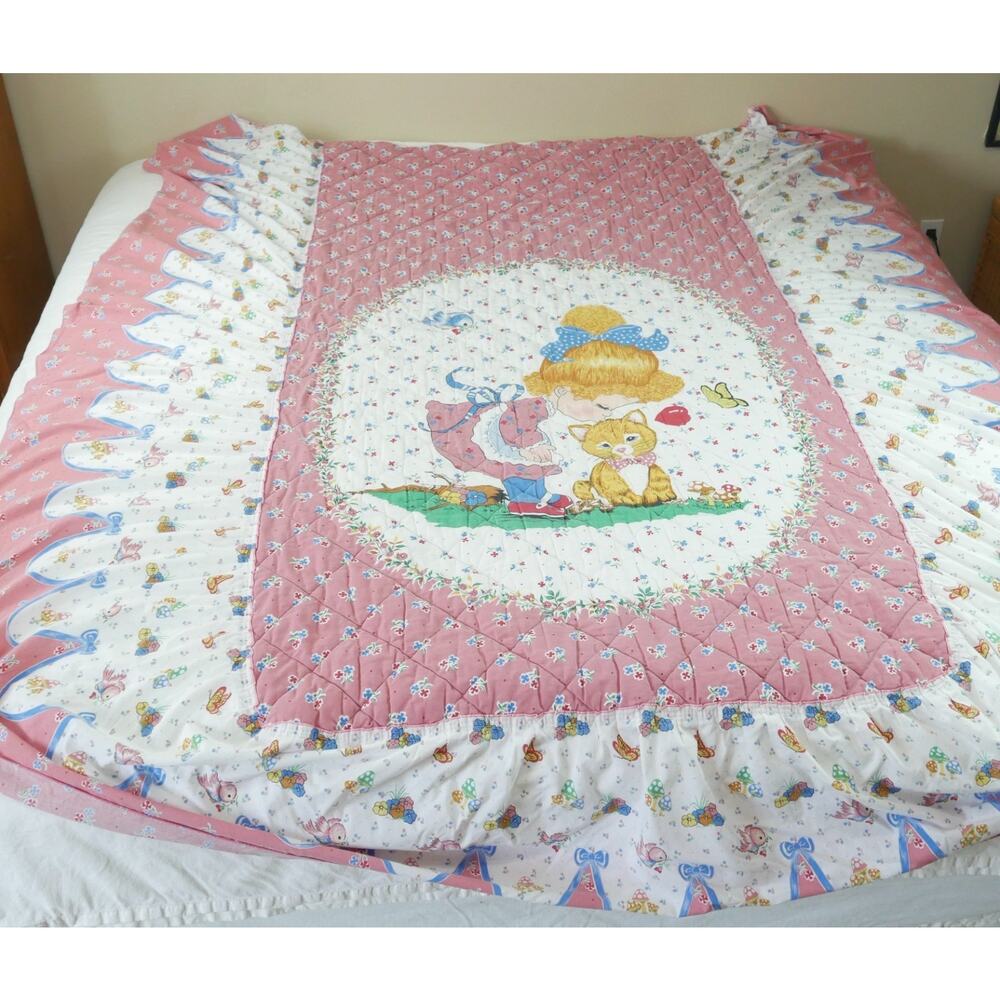 Vintage 70s Bedspread‎ Cottagecore Ruffle Cute Girls Kitty Pink Novelty Twin